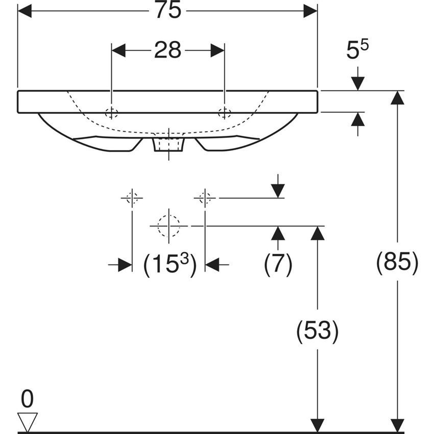 Umywalka ścienna bez otworu na baterię z przelewem 75 cm Geberit iCon Light rysunek