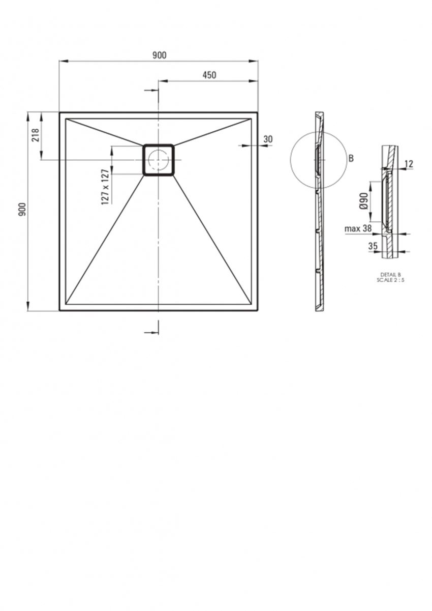 Brodzik granitowy kwadratowy 90x90 cm white IÖ Tegra rysunek