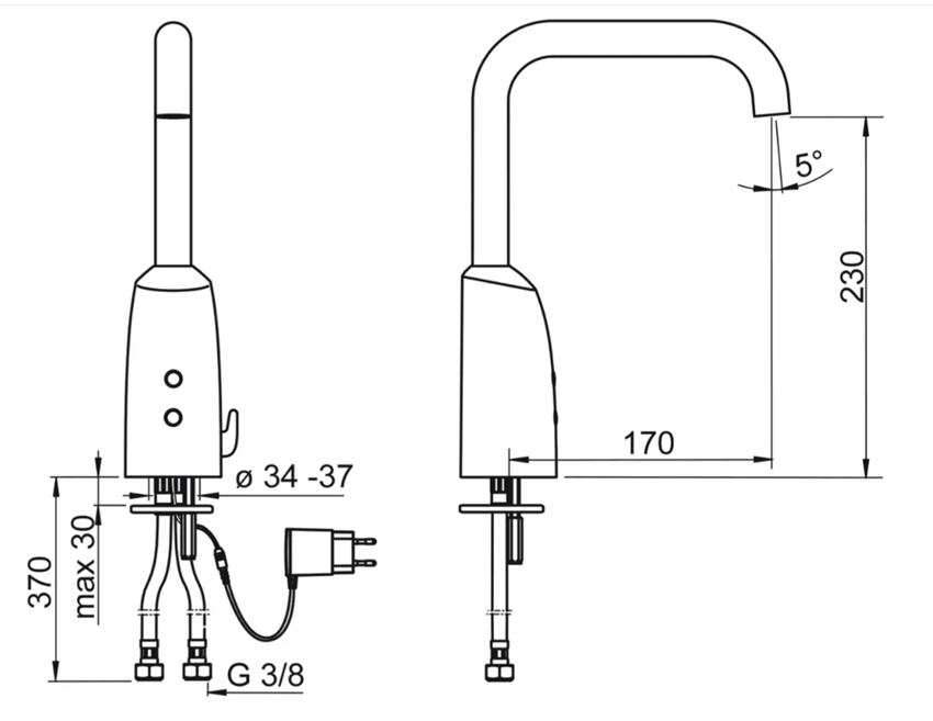 Bateria umywalkowa Oras Electra 6335FTZ  rys techniczny