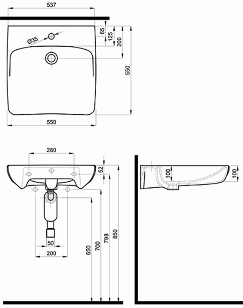 Umywalka dla osób niepełnosprawnych z otworem i przelewem 55 cm Koło Nova Pro Bez Barier rysunek techniczny