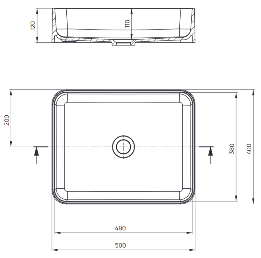 Umywalka granitowa nablatowa 50 cm antracyt metalik Deante Temisto rysunek