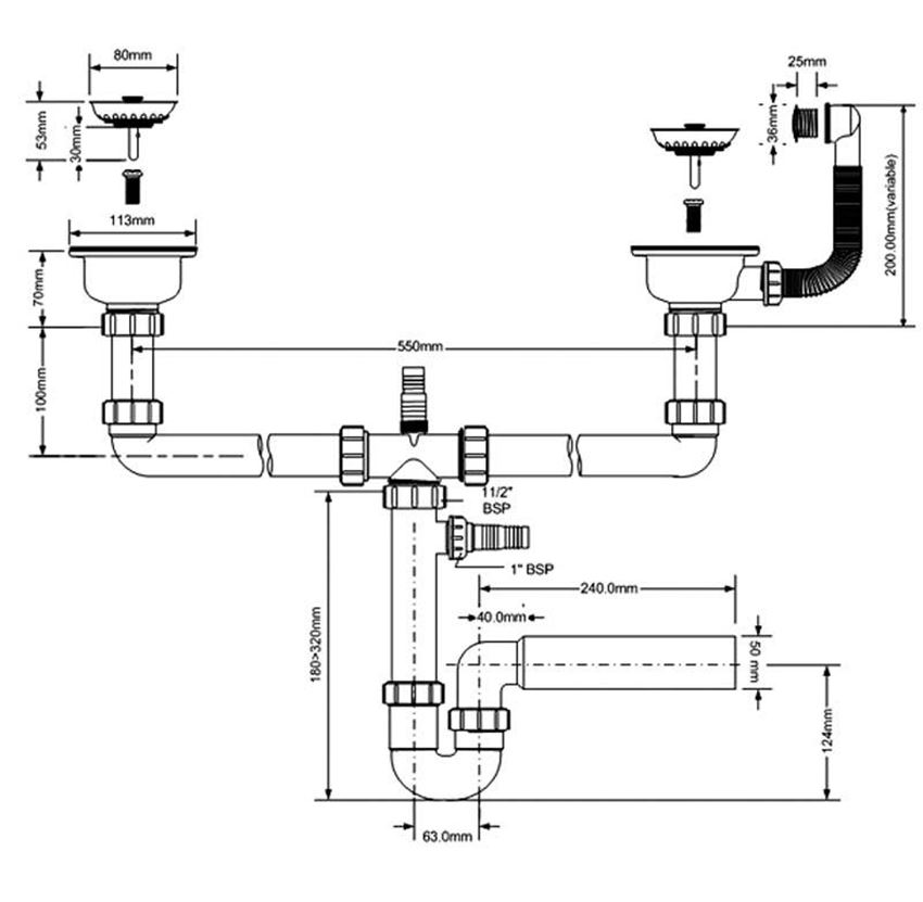 Syfon zlewozmywakowy podwójny rurow McAlpine rysunek techniczny