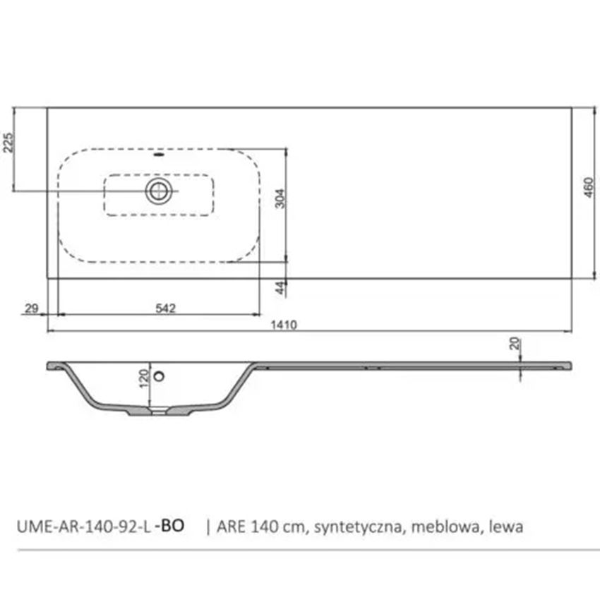 Umywalka meblowa lewa 140 cm biała Oristo Are rysunek