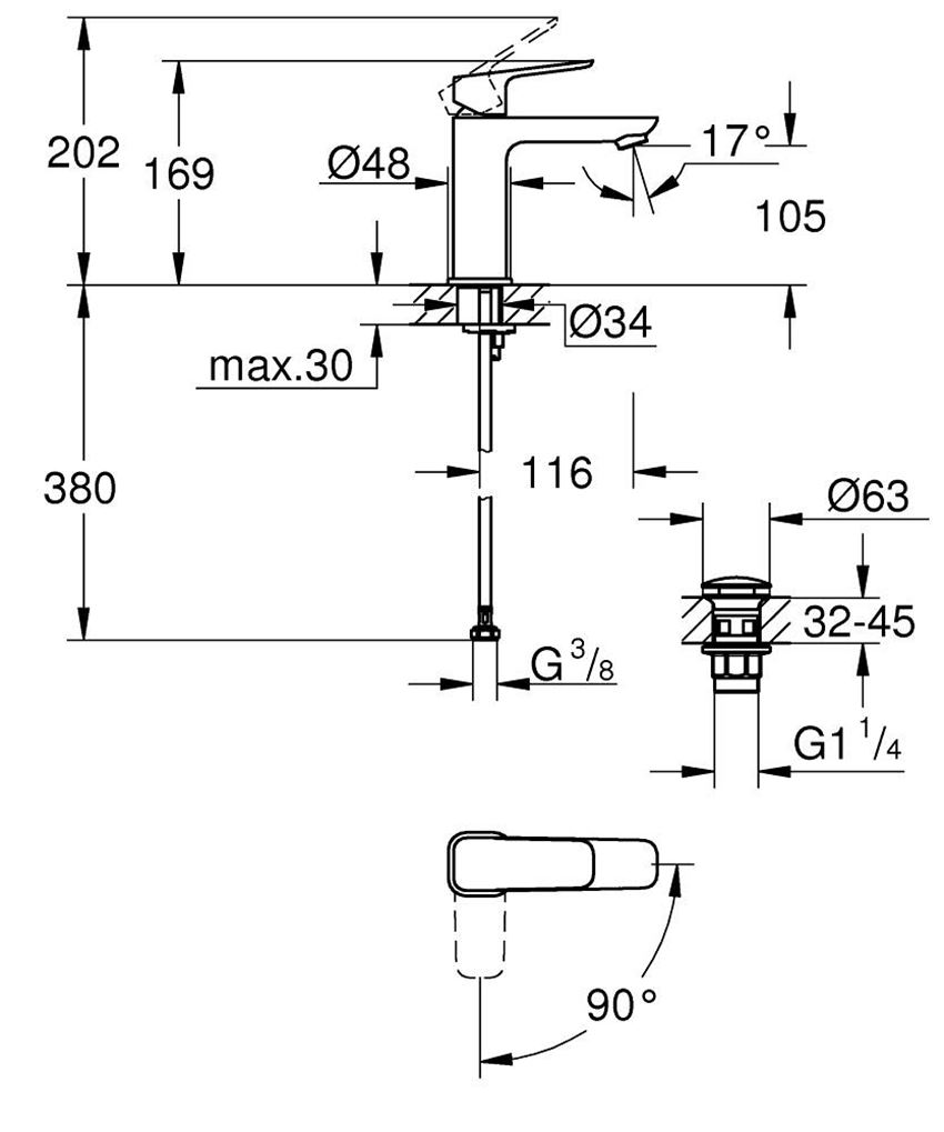 Bateria umywalkowa z korkiem klik-klak rozmiar M Grohe Cubeo rysunek