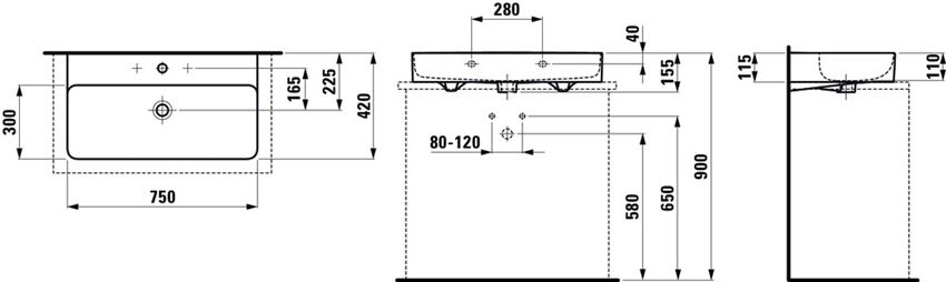 Umywalka ścienna/blatowa 75x42x11,5 cm Laufen Val rysunek techniczny