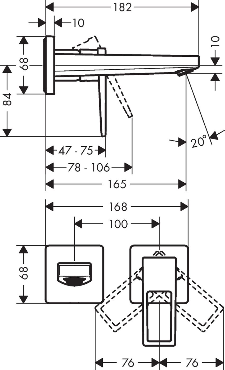 Jednouchwytowa bateria umywalkowa podtynkowa wylewka 16,5 cm element zewnętrzny Hansgrohe Metropol rysunek techniczny