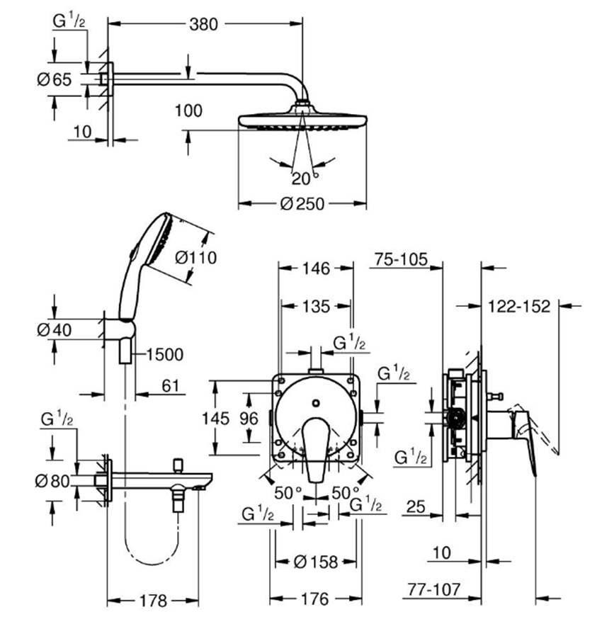 Zestaw prysznicowy Grohe BauEdge 25291000 rys techniczny