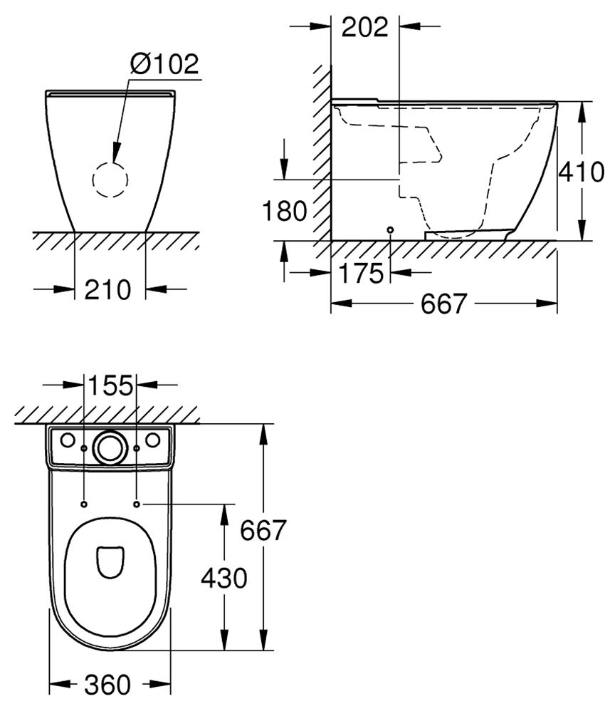 Kompaktowa miska WC stojąca Grohe Essence rysunek techniczny