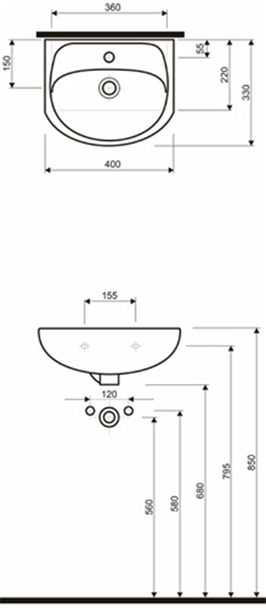 Umywalka meblowa z otworem i przelewem 40x33 cm Koło Solo rysunek techniczny