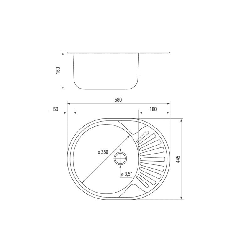 Zlewozmywak 1-komorowy okrągły z krótkim ociekaczem Deante Twist rysunek techniczny