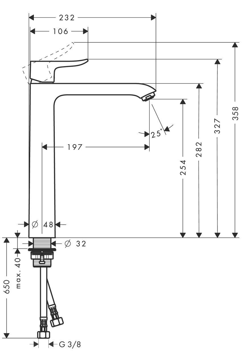 Jednouchwytowa bateria umywalkowa 260 bez kpl. odpływowego Hansgrohe Metris rysunek techniczny