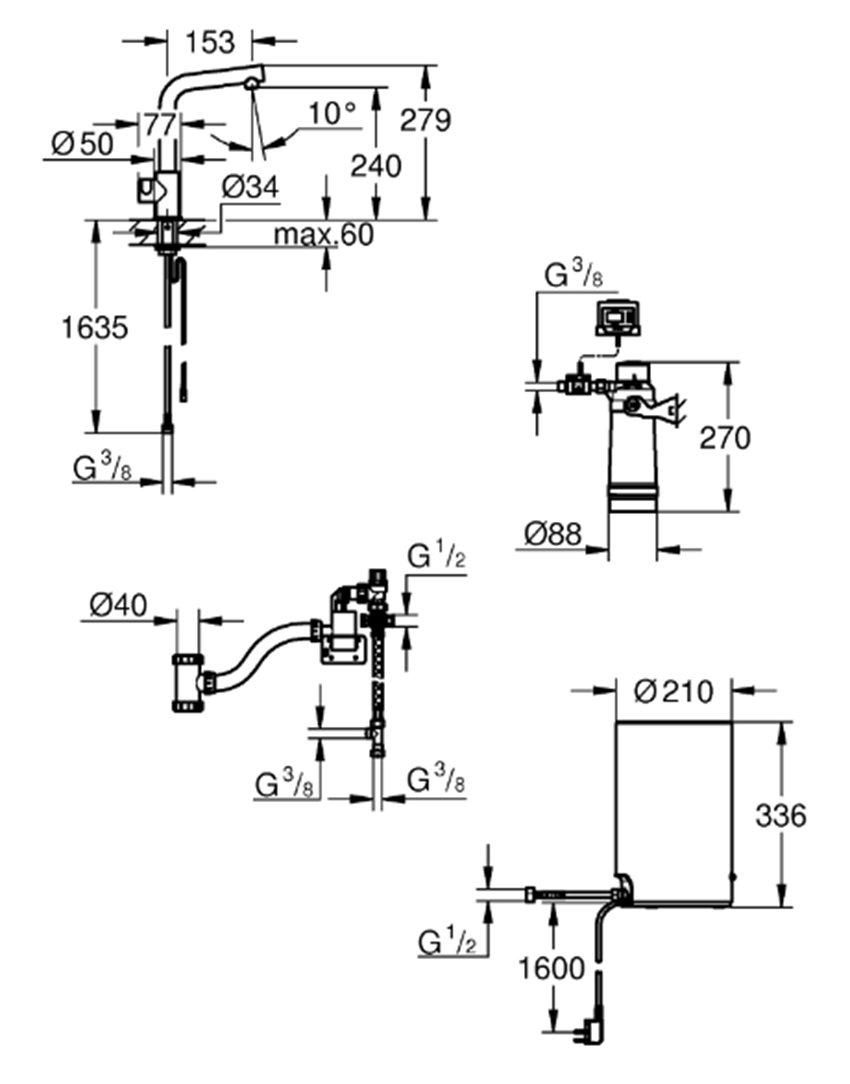 Zawór z bojlerem Grohe Red Mono 30339DC1 rys techniczny