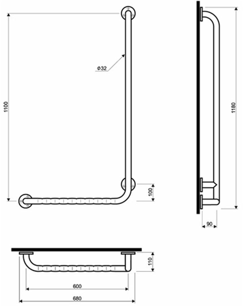 Poręcz prysznicowa jednoramienna prawa 60x110 cm powierzchnia falista Koło Lehnen Funktion rysunek techniczny