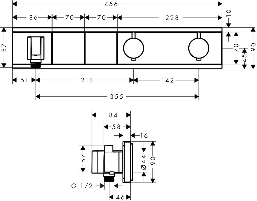 Bateria termostatyczna do 2 odbiorników Hansgrohe RainSelect rysunek