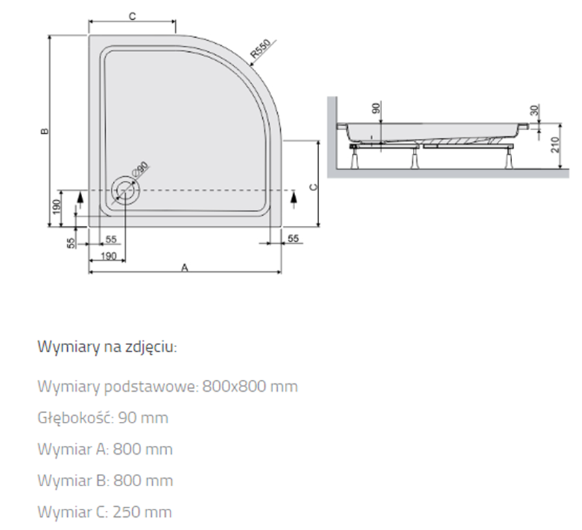 Brodzik Sanplast Free Line 615-040-0221-01-000 rys techniczny