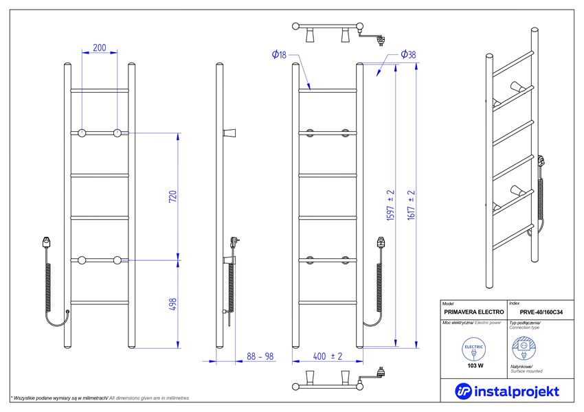 Grzejnik elektryczny 40x160 cm Instal-Projekt Primavera Electro rysunek