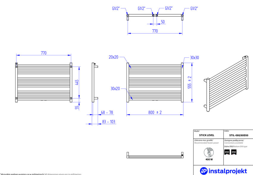 Grzejnik łazienkowy 80x60 cm Instal-Projekt Stick Level podłączenie boczne