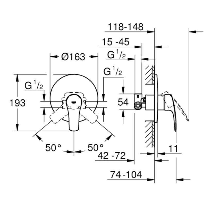 Bateria podtynkowa Grohe Eurosmart 33556003 rys techniczny