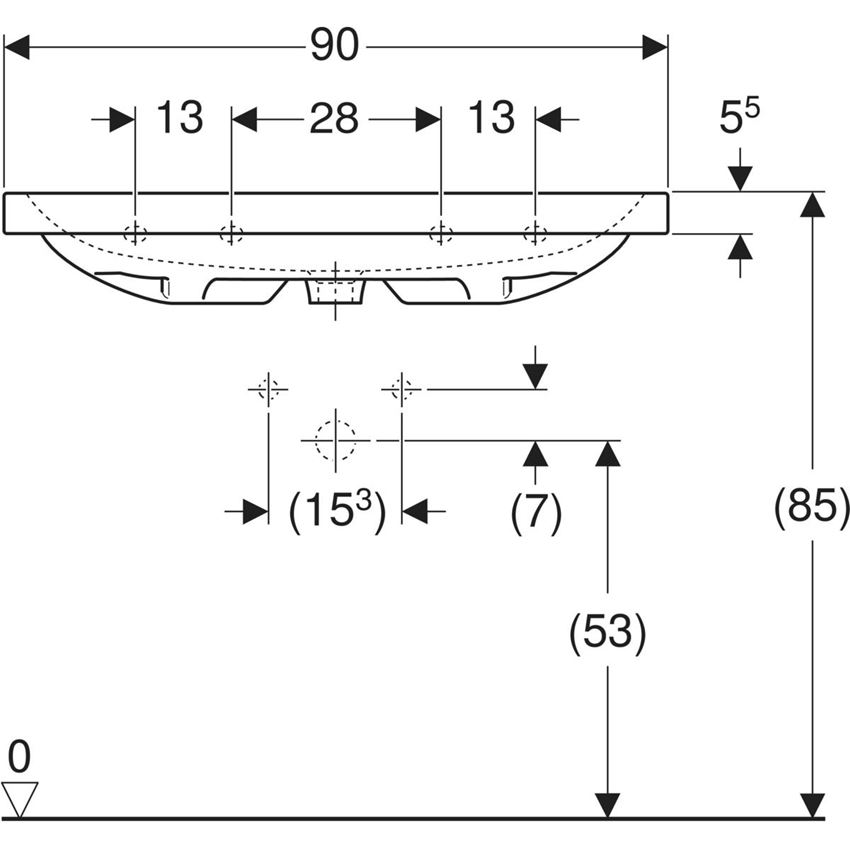 Umywalka ścienna bez otworu na baterię z przelewem 90 cm Geberit iCon Light  rysunek