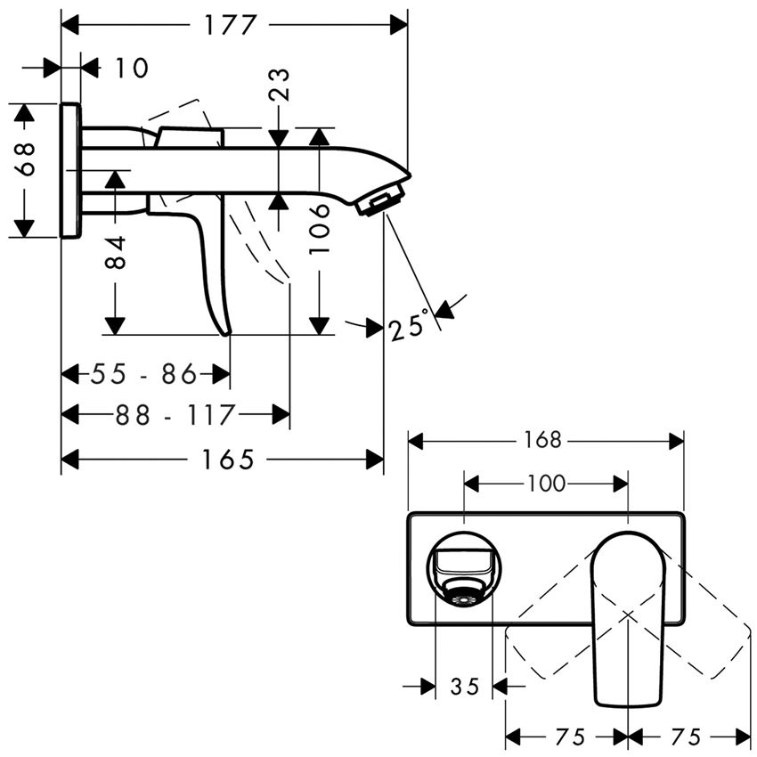 Jednouchwytowa bateria umywalkowa LowFlow wylewka 16,5 cm element zewnętrzny Hansgrohe Matris rysunek techniczny