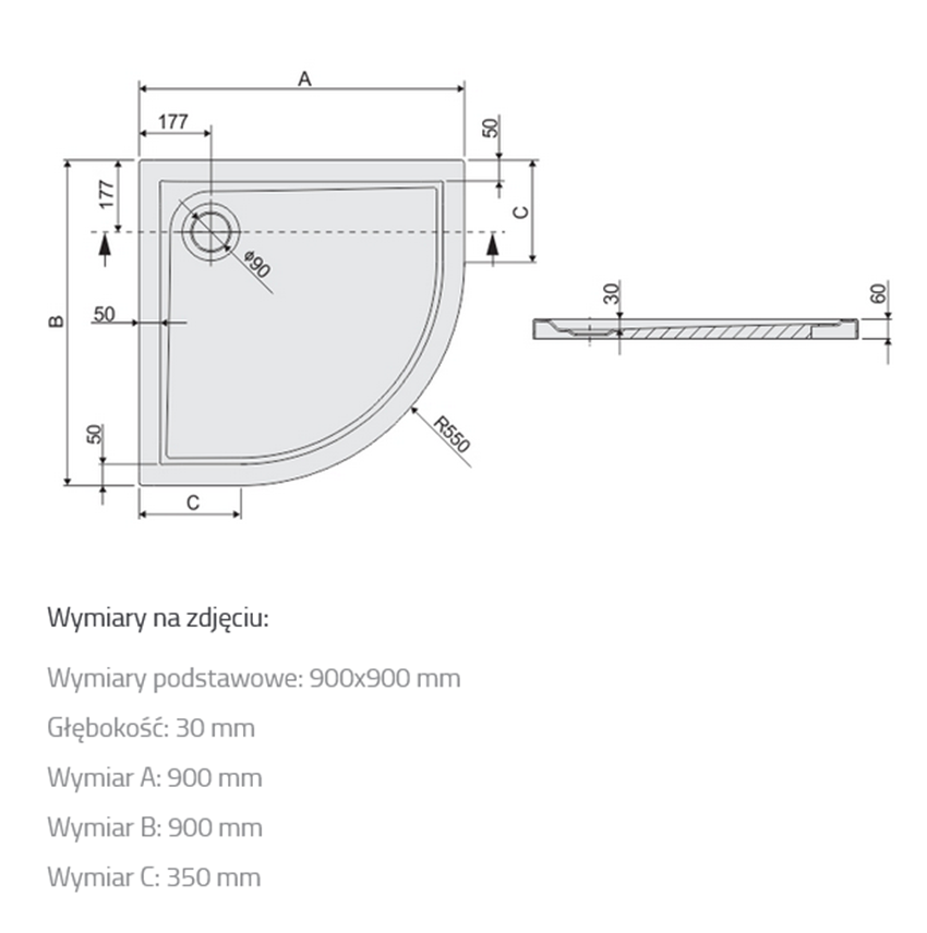 Brodzik półokrągły 90x90 cm Sanplast Prestige rysunek