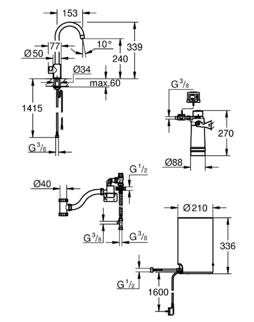 Zawór sztorcowy Grohe Red Mono 30085DL1 rys techniczny
