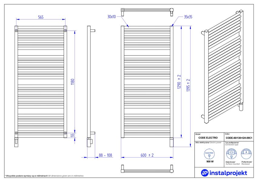 Grzejnik elektryczny 60x130 cm Instal-Projekt Code Electro rysunek