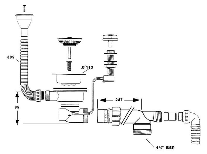 Spust zlewozmywakowy McAlpine rysunek techniczny