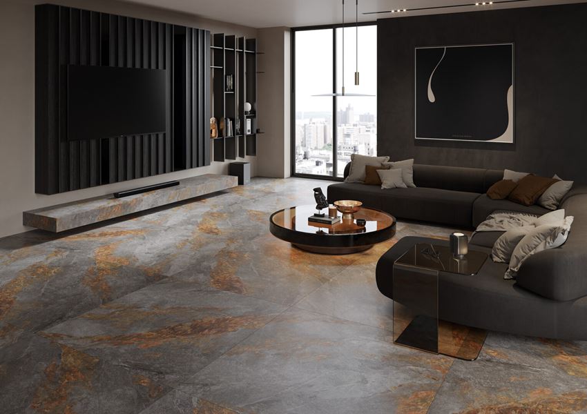 Ciemny salon w stylu glamour z podłogą w kamieniu