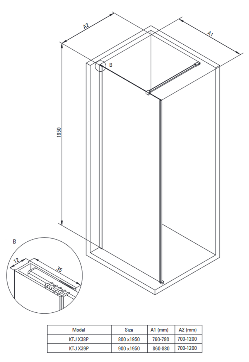 Kabina prysznicowa walk-in szkło przezroczyste profile czarne 80x195 cm Deante Prizma rysunek