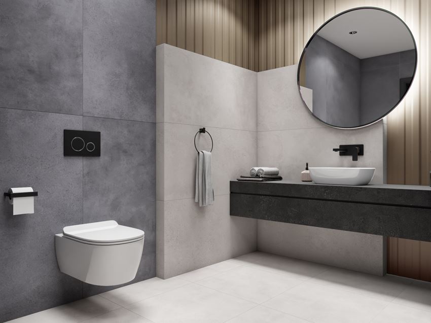 Szaro-biała łazienka z płytami o wyglądzie betonu