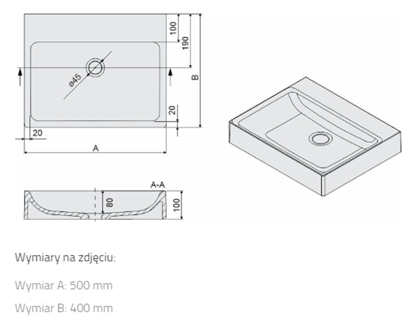 Umywalka nablatowa Sanplast Free Mineral 640-280-0100-01-000 rys techniczny