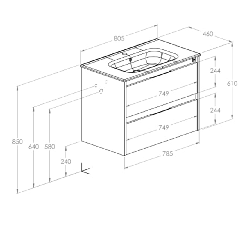 Zestaw umywalka z szafką 80 cm z 2 szufladami 60 cm Roca Alpine rysunek