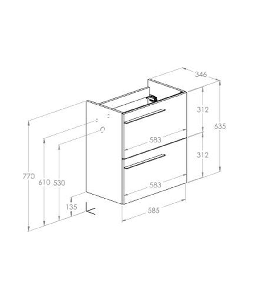 Szafka łazienkowa z 2 szufldami wersja compacto 60 cm biały połysk Roca Ella rysunek