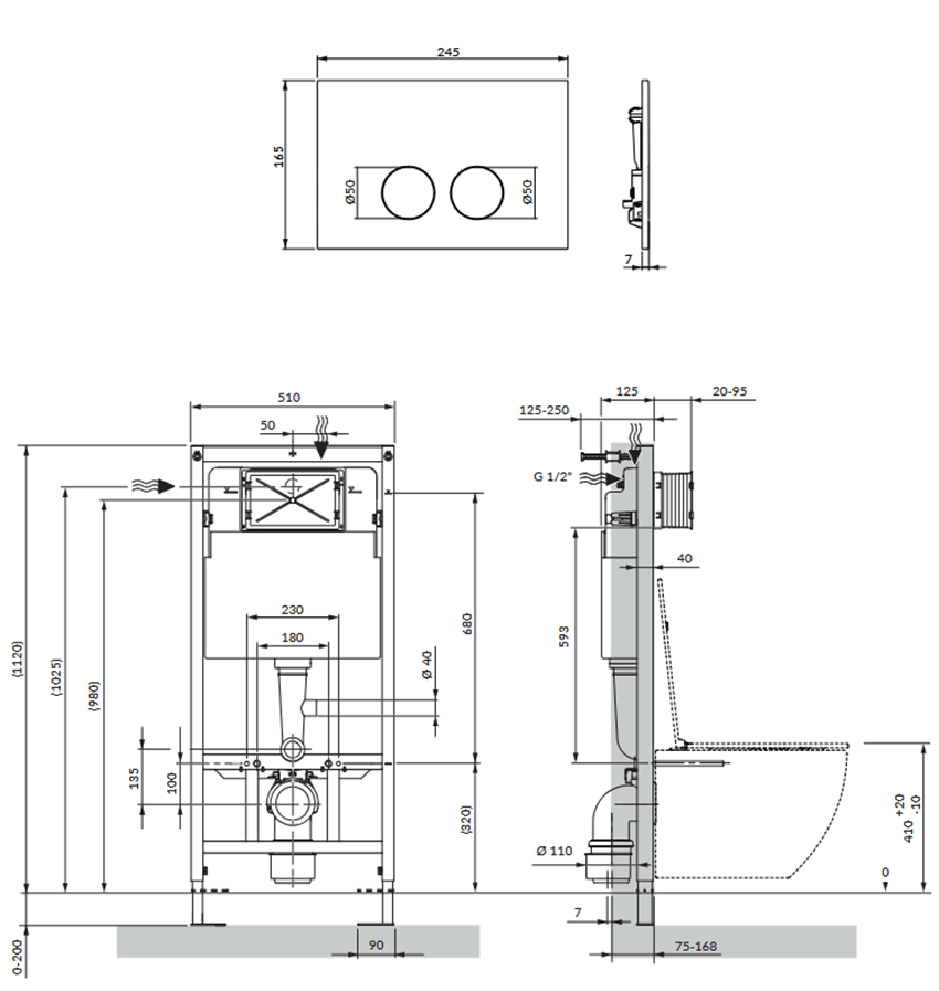 Strongframe stelaż podtynkowy do miski toaletowej z ECO spłukiwaniem + Minimal przycisk spłukujący Omnires Flush Set rysunek