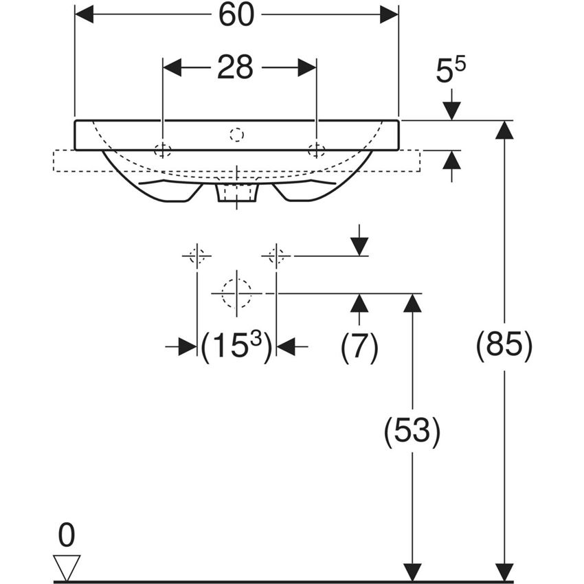 Umywalka nablatowa bez otworu na baterię z przelewem 60 cm Geberit iCon Light rysunek