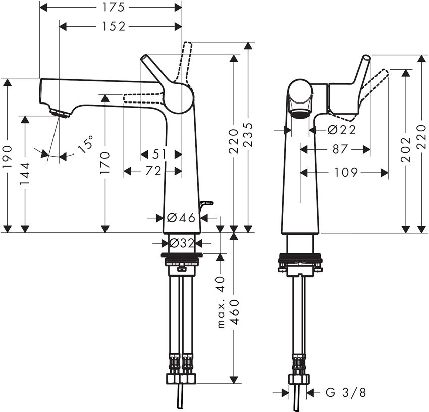 Jednouchwytowa bateria umywalkowa 140 Hansgrohe Talis S rysunek techniczny