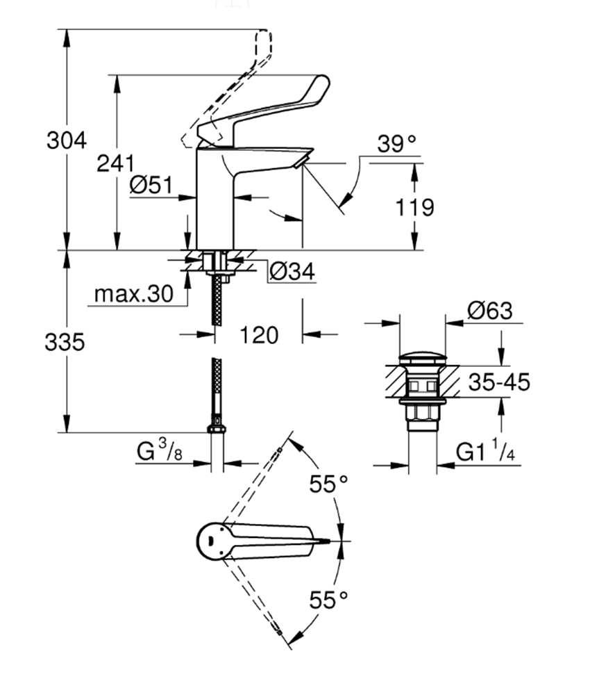 Bateria umywalkowa Grohe Eurosmart 23983003 rys techniczny