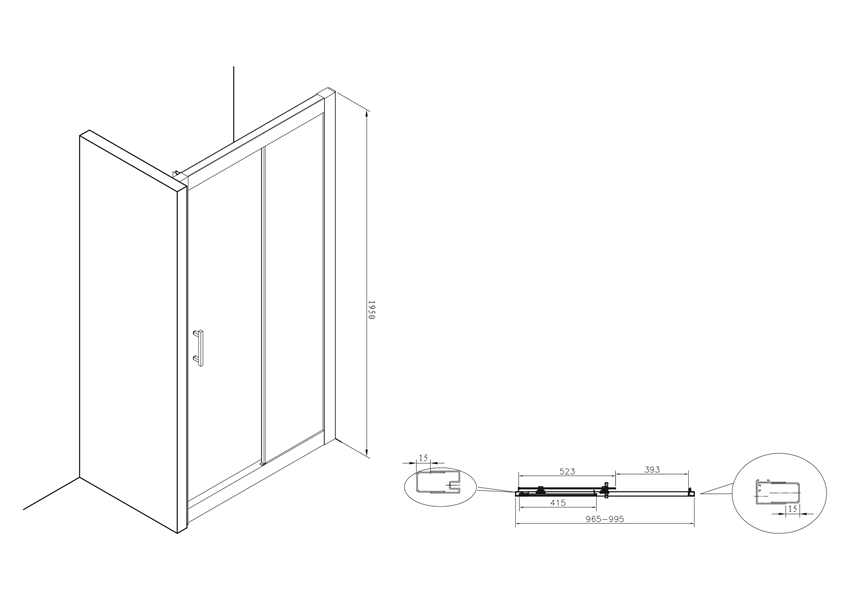 Drzwi do wnęki prysznicowej 100x195 cm Roca Town rysunek techniczny