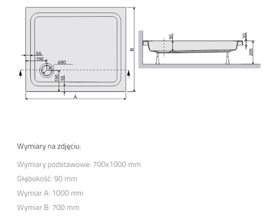 Brodzik Sanplast Free Line 615-040-0070-01-000 rys techniczny