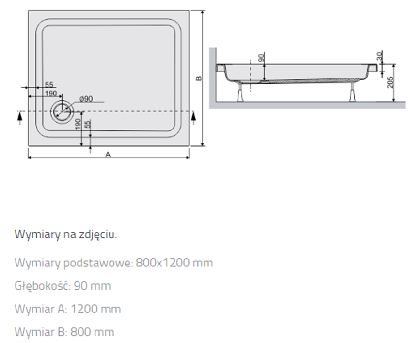 Brodzik Sanplast Free Line 615-040-0190-01-000 rys techniczny