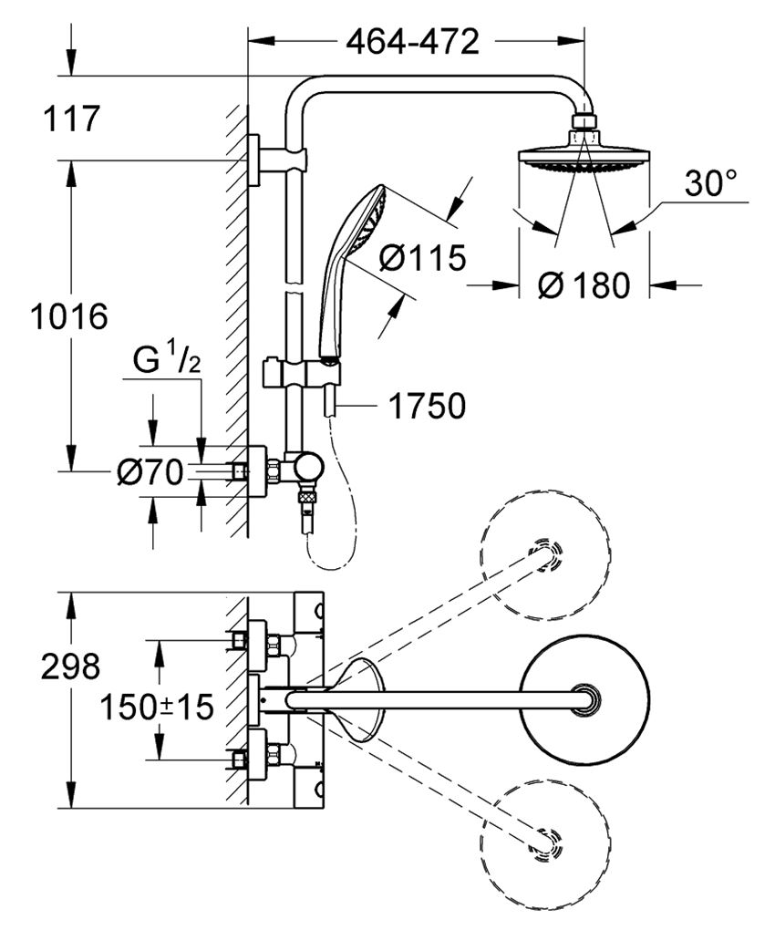 System prysznicowy z termostatem do montażu ściennego Grohe Euphoria System 180 rysunek