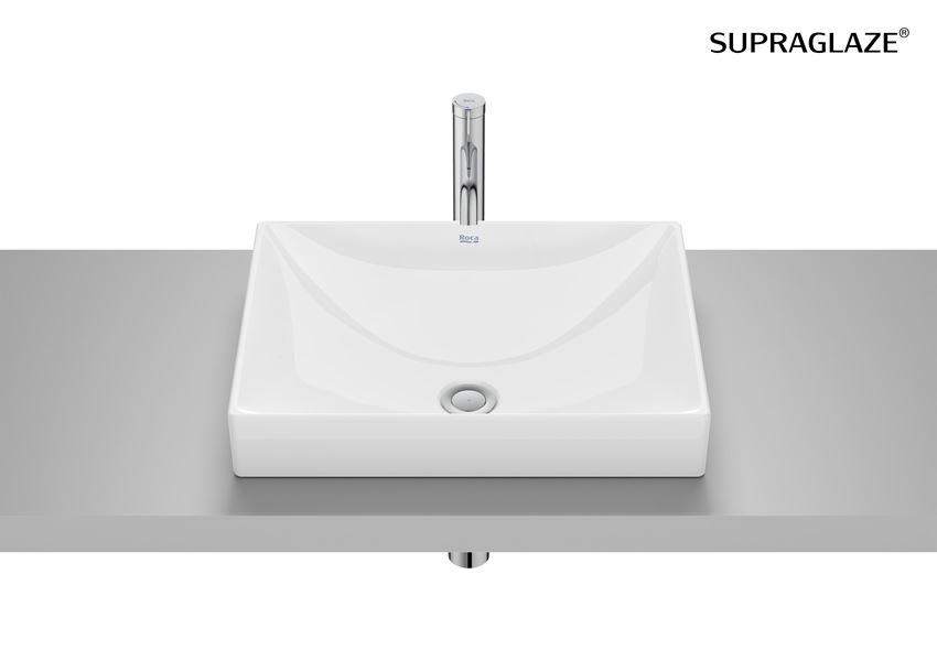 Umywalka blatowa prostokątna bez otworu na baterię z powłoką Superglaze 50 cm biała Roca Ona