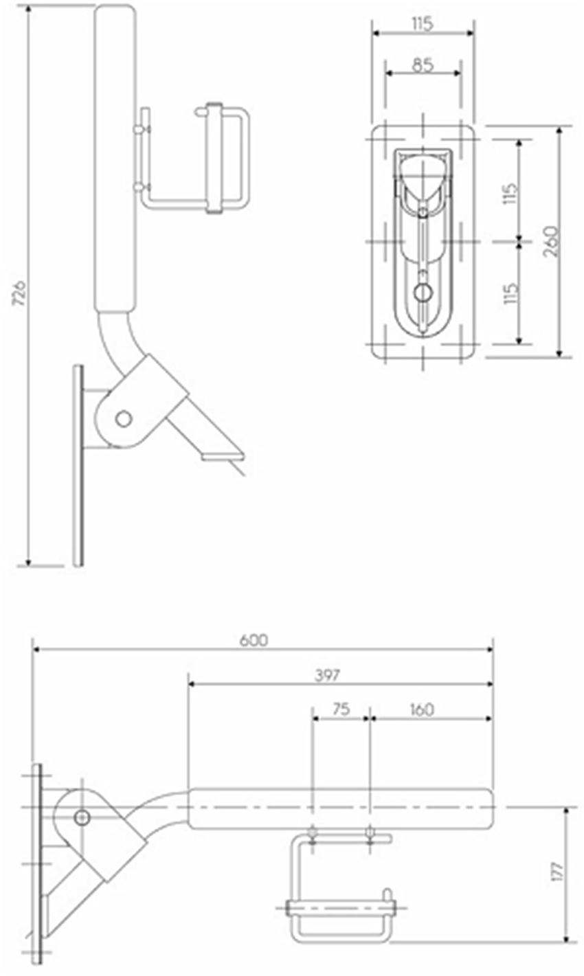Poręcz uchylna z uchwytem papieru toaletowego 60 cm Koło Lehnen Evolution rysunek techniczny