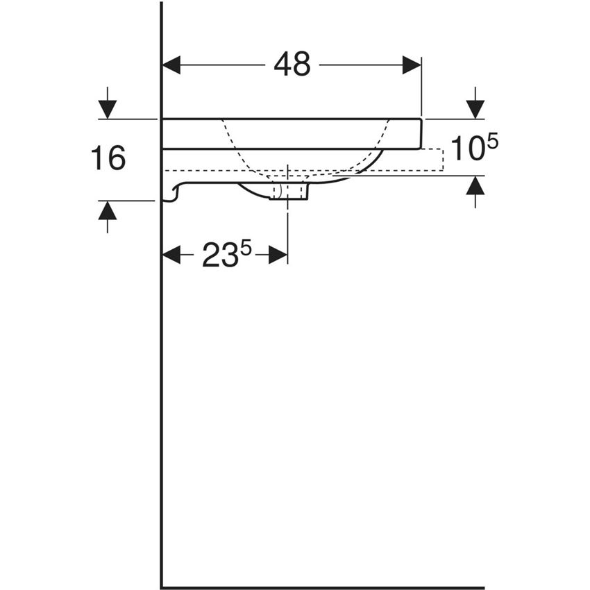 Umywalka nablatowa bez otworu na baterię z przelewem 60 cm Geberit iCon Light rysunek