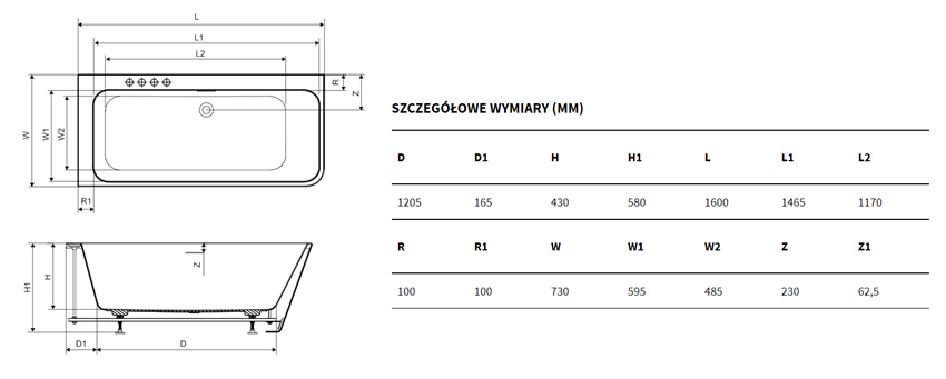 Wanna narożna Excellent Lila 2.0 Power LED WAEX.LIL2.LED4160LWHN rys techniczny