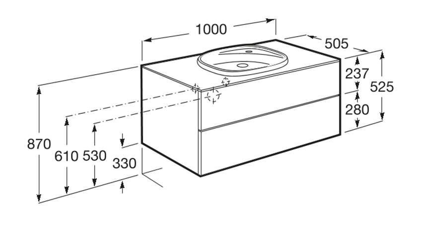 Zestaw łazienkowy 100x50,5x52,5 cm Roca Beyond rysunek techniczny