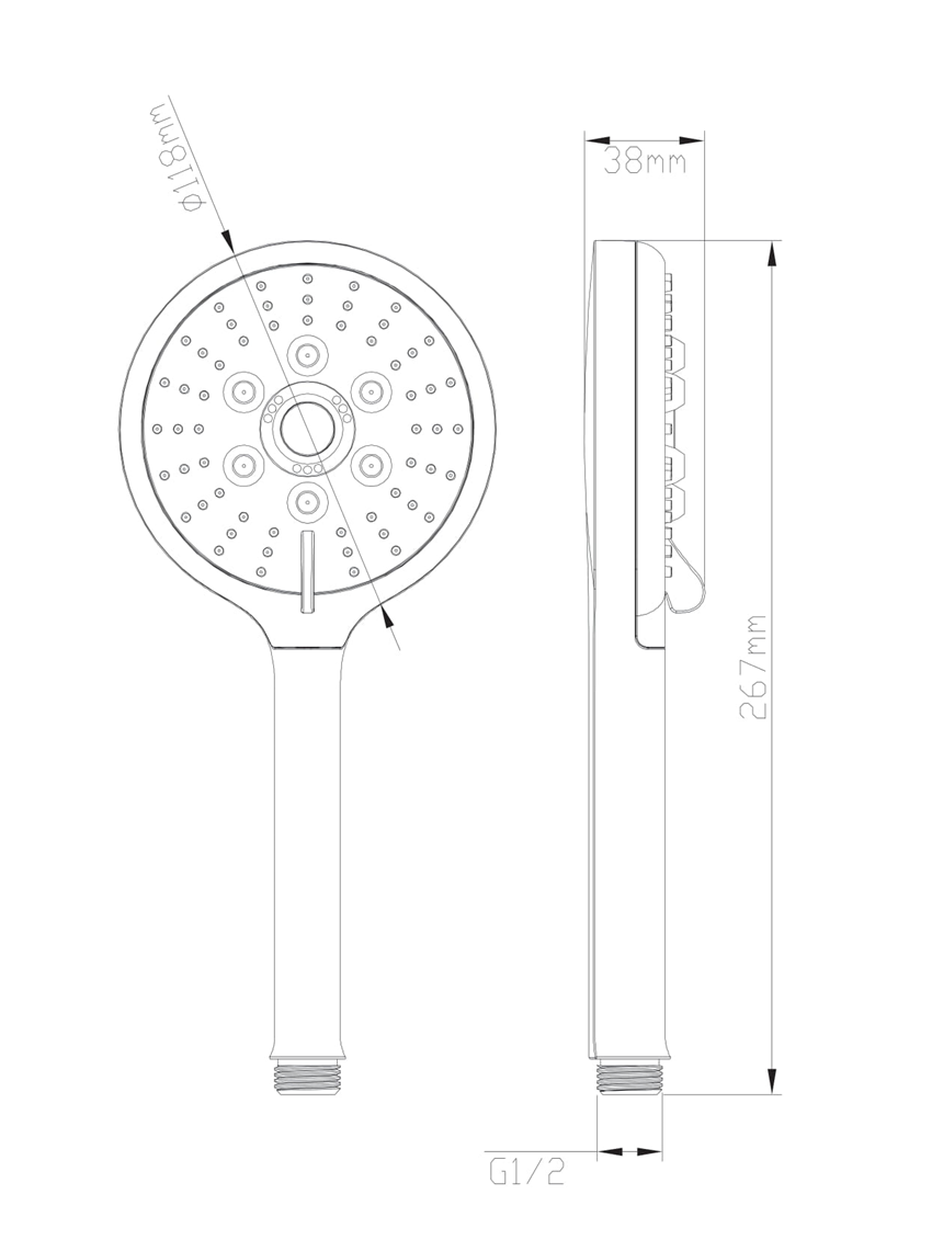 Rączka prysznicowa 3-funkcyjna Omnires Ribbon rysunek techniczny