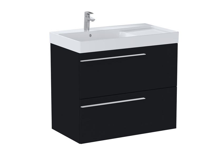 Zestaw łazienkowy Unik z 2 szufladami umywalka asymetryczna lewa 80 cm czarny mat Roca Ella