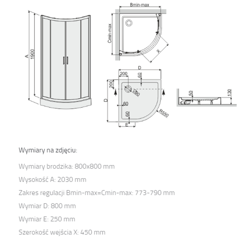 Kabina półokrągła z brodzikiem Sanplast TX 602-271-0051-38-400 rys techniczny